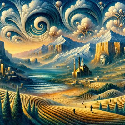 The primary subject of the image is a painting of a landscape featuring a large castle, a mountain, and a river. The setting is a picturesque countryside with a mountain range in the background. The visual style is a digital art or illustration, creating a vibrant and detailed scene. The colors and mood of the painting are warm and inviting, with the castle and mountain range adding a sense of grandeur and majesty to the landscape.